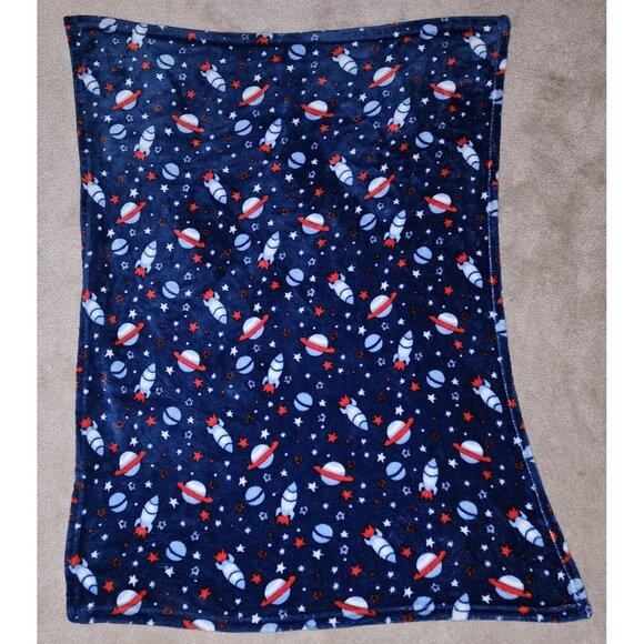 Zak & Zoey Blue Fleece Baby Blanket Rocket Spaceship Star Planet Red White SOFT - Picture 4 of 8